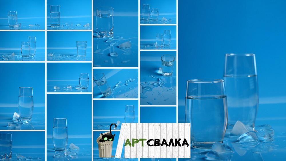Стакан с водой на голубом фоне. | A glass of water on a blue background.